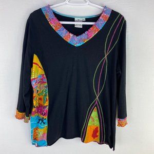 Parsley & Sage Womens Top Size Large 3/4 Sleeve Black VNeck Art